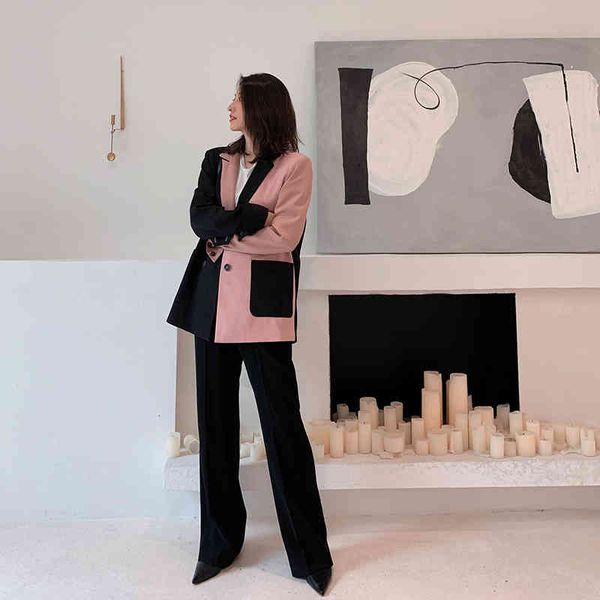 

women's suits & blazers [eam] women black contrast color big size blazer lapel long sleeve loose fit jacket fashion spring autumn 2022, White;black