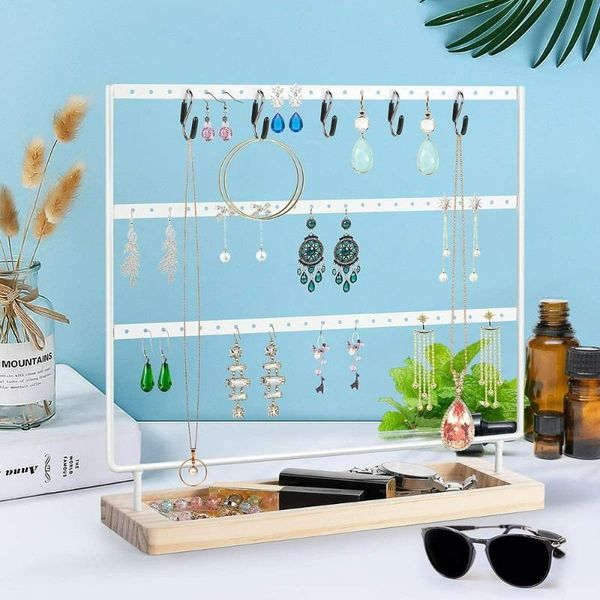 

jewelry pouches, bags earrings holder 3 layers organizer display tree metal wooden base earring rack for hang ear studs bracelets necklace, Pink;blue
