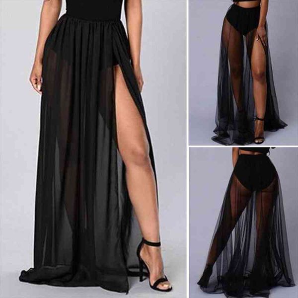 

arrival women trendy arrival fitted sheer mesh see through long maxi skirt stylish female mesh chiffon skirts, Black