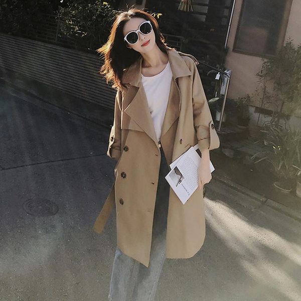 

women's trench coats windbreaker mid-length korean version of autumn clothing 2021 small high-end temperament atmospheric coat, Tan;black