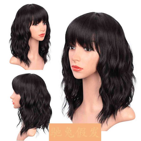 

wig women's head set qi bangs short curly hair chemical fiber high temperature wire wig, Black;brown