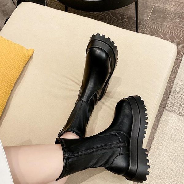 

boots 2021 ladies casual zipper pu leather shoes women luxury mid calf lace up platform for woman female footwear non slip, Black