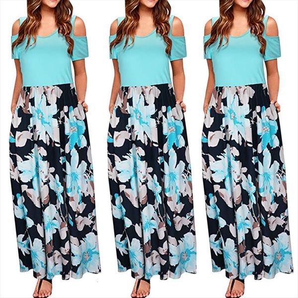 

plus size casual short sleeve womens dress off shoulder flowers print for girls summer party beach dresses50, Black;gray