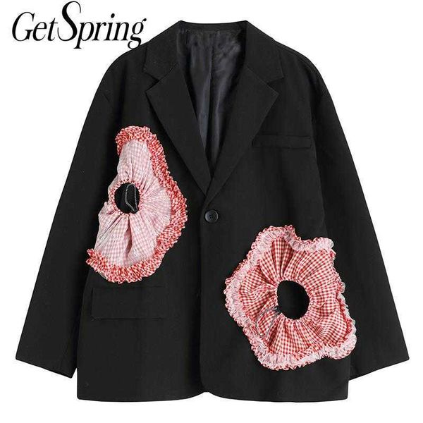 

getspring women blazer patchwork color matching black blazers jackets vintage casual oversized suit coats woman 210601, White;black