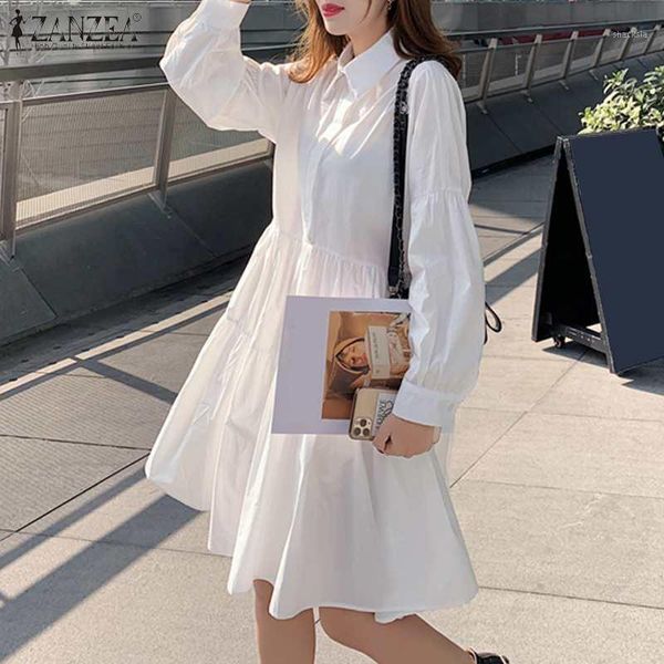 

women mini dresses fashion ladies turn down collar vestidos zanzea autumn long sleeve sundress casual solid robe plus size 5xl, Black;gray