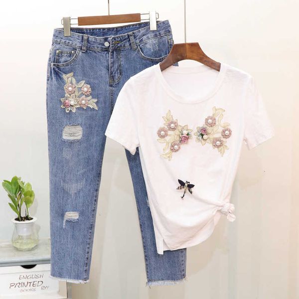 

women's two piece pants -camisetas florales de perlas para mujer, trajes pantalones vaqueros, camiseta lisa holgada informal, 41uk, White