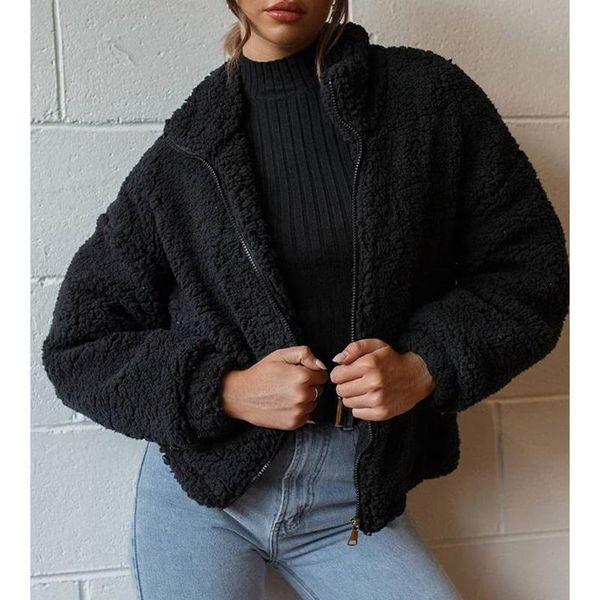 

women's jackets berry fashion autumn stand collar women elegant solid fleece coats zipper long sleeve ladies, Black;brown