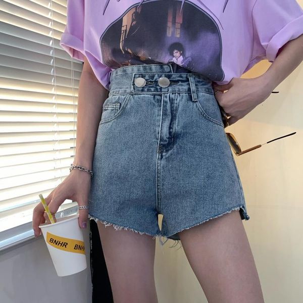 

women's jeans washed frilled high waist denim shorts for women, Blue
