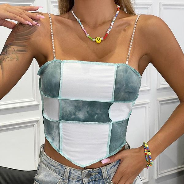 

women's tanks & camis ladies summer vest sling pearl shoulder strap patchwork flannel ine personalized streetwear club wearing, White
