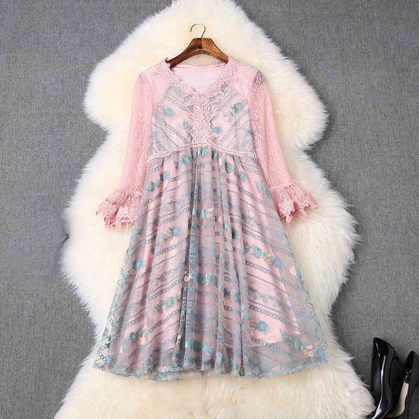 

casual dresses spring summer pink 3/4 sleeve v neck floral print tulle embroidery panelled short mini dress & fashion lj2810592 6lo4, Black;gray