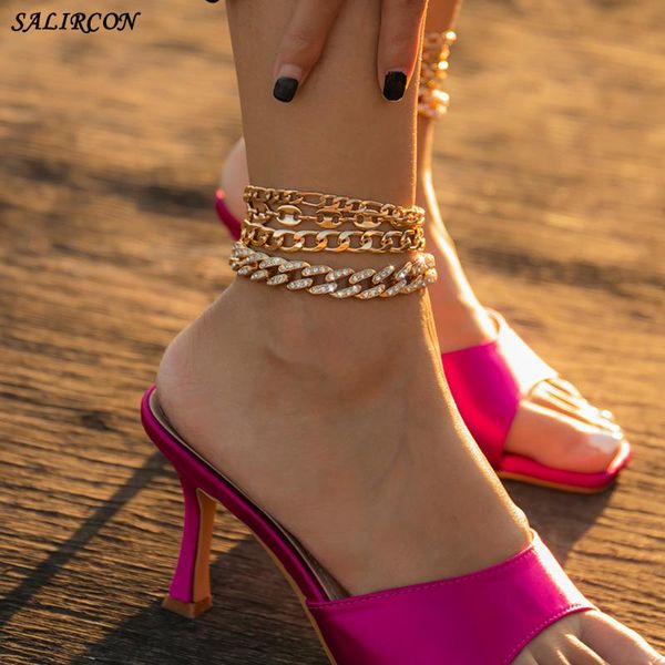 

anklets punk shiny crystal cuban chain anklet for women men boho multi layer ankle bracelet on the leg sandals summer beach accessories, Red;blue