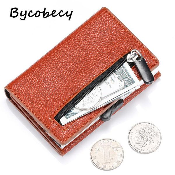 

card holders bycobecy business men metal coin purse pu leather short wallet rfid aluminium box holder case women brand smart, Brown;gray