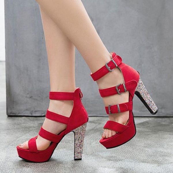 

fanyuan gladiator sandals women fashion buckle high heel summer shoes platform bling party footwear size 34-43, Black