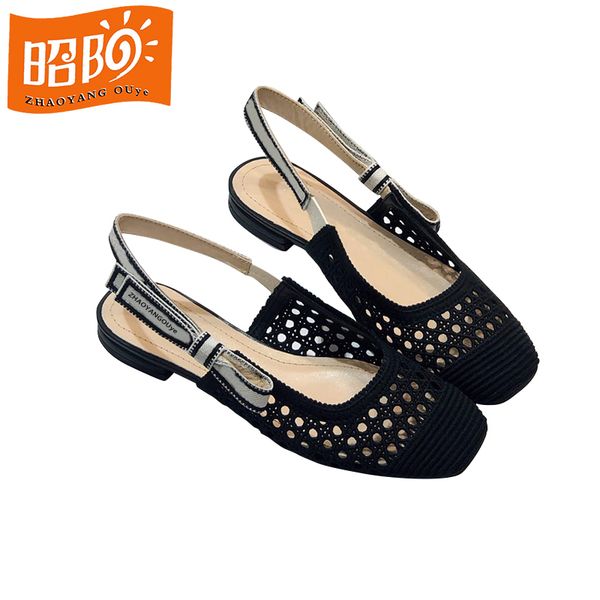 

france 2022 summer new hollow out women's luxury sandals embroidered letter logo bow decorative embroidered flat slippers, Black