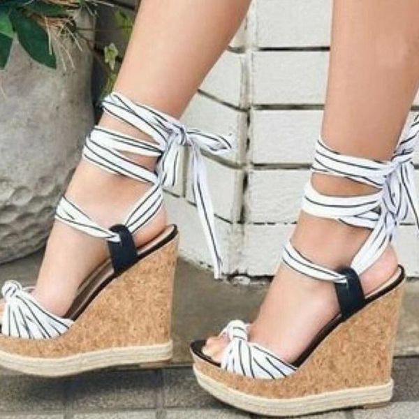 

casual woman shoes 2021 summer sandals lace-up vacation beach wedges heels bowtie platform cosy female dress, Black
