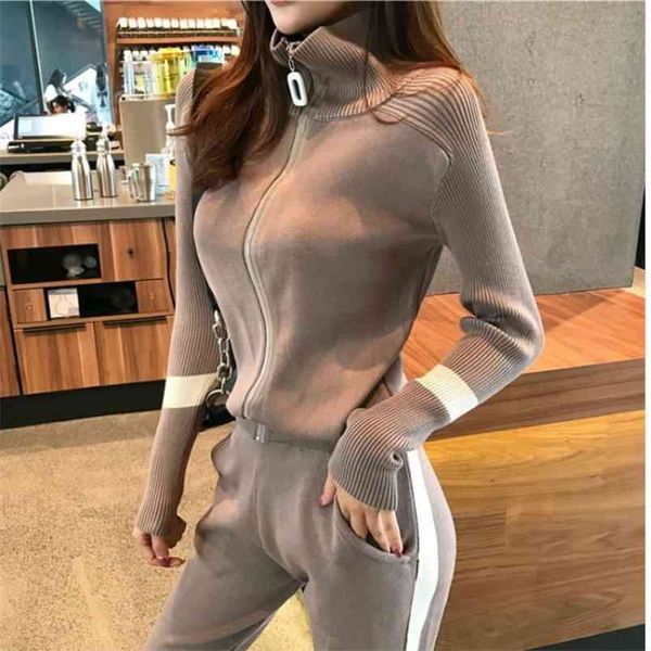 

autumn winter knitted tracksuits turtleneck long sleeve zipper knit cardigans+pencil pants women fashion slim trousers set 210519, White