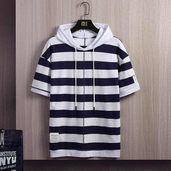 

brand arrival hooded striped t shirt men clothing 2021 summer short sleeve t-shirt clothes fashion thin loose men's t-shirts, White;black
