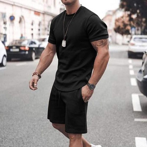 

men's tracksuits men fashion outfits solid color2 piece crew neck short sleeve tee shorts tracksuit unning suit sports wear, Gray