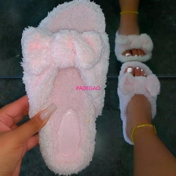 

slippers spring autumn fur slides women 2021 home fashion all-match bow sandals outdoor leisure flat non-slip soft comfortable, Black
