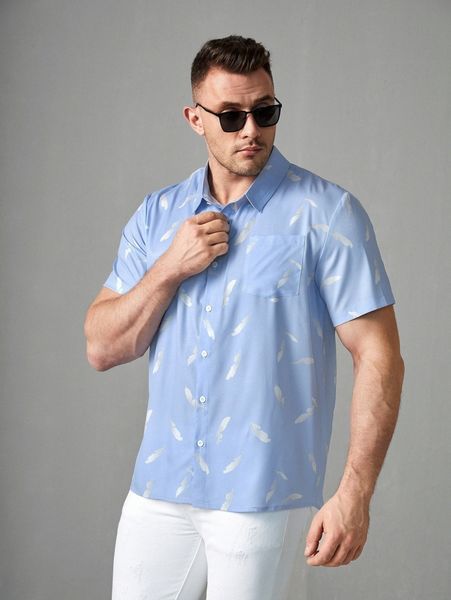 

extended sizes men random feather print shirt u6n3#, White;black