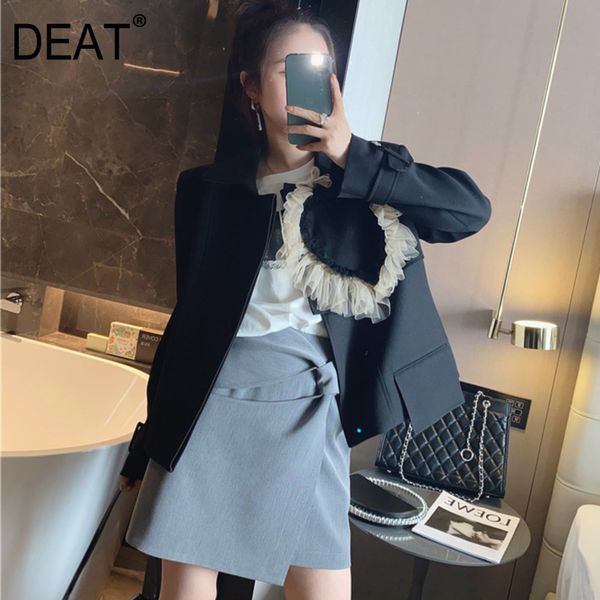 

deat women black patchwork ruffles hidden breasted blazer new notched long sleeve slim jacket fashion tide summer 7e7928 210428, White;black