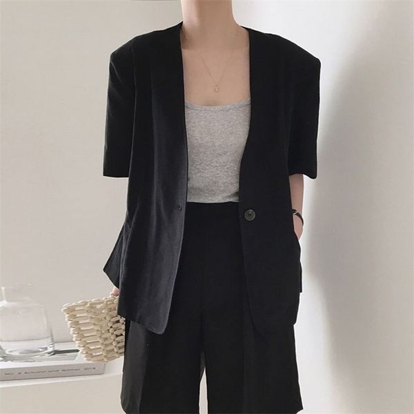 

summer women's suit french retro style v-neck solid color short-sleeved one-button loose casual female s gx399 210507, White;black