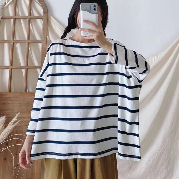 

women's t-shirt fairynatural ladies casual striped t-shirts 2021 summer loose women retro oversize cotton o-neck, White