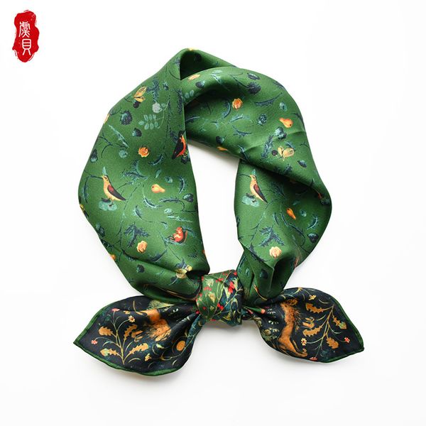 

army green luxury natural scarf women printed bird 100% real silk twill scarves wrap shawl square 65cm bandana lady bufanda, Blue;gray