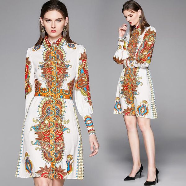 

casual dresses 2021 winter vintage women turn-down collar office lady loose full print knee-length lantern sleeve elegant dress, Black;gray