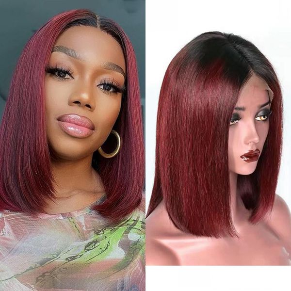 

brazilian 1b 99j 13x4 lace front wig straight burgundy human hair short bob wigs remy ombre wine red for women, Black;brown
