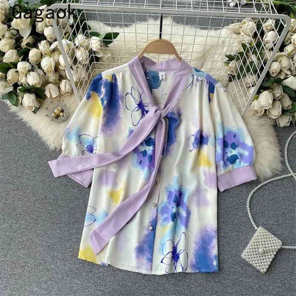 

women summer blouse streetwear stand print bow shirts loose harajuku casual wild fashion retro blouses 210531, White