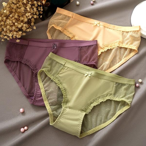 

women's panties 2pcs seamless ice silk hollow briefs lace transparent underpants breathable mid-waist pantys underwear, Black;pink