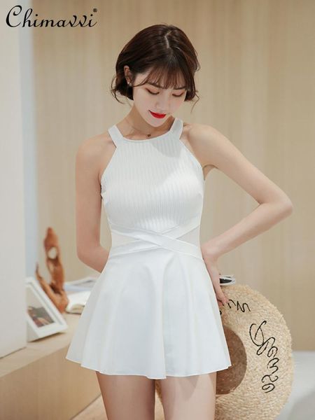 

women's swimwear women summer 2021 student one piece swimsuit white seaside slimming swimwears lady black sleveless beach wear cover up, White;black