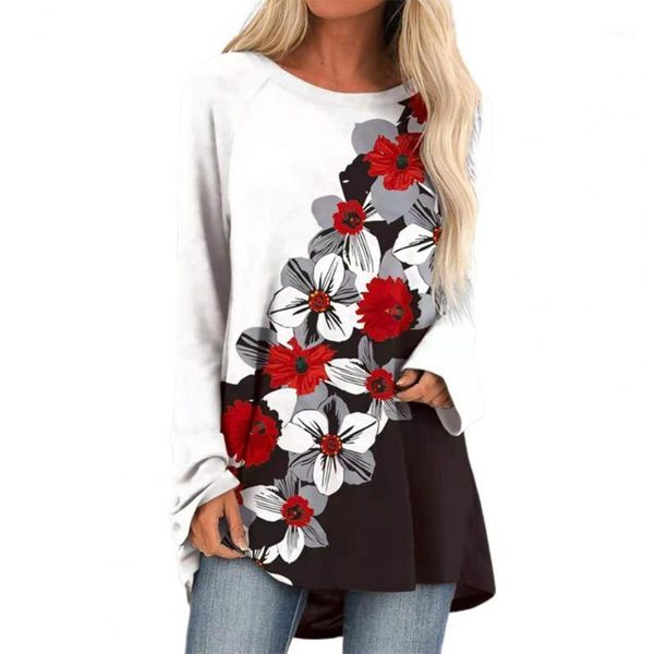 

women's blouses & shirts autumn women long blouse floral print o neck sleeve pullover loose hem fall shirt for daily streetwear, White