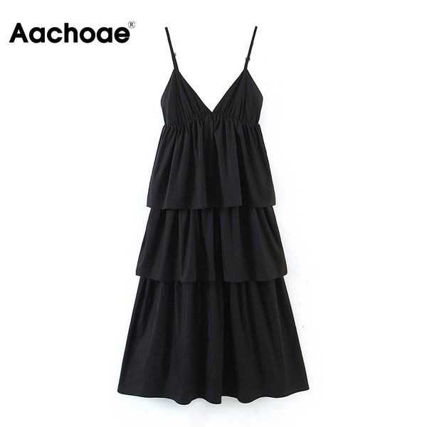 

women v neck black party cascading ruffles adjust strap elegant midi dresses sleeveless backless chic dress 210413, Black;gray