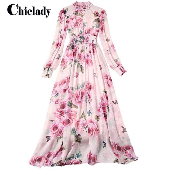 

sweet pink rose flower printed chiffon maxi dress for women elgant lady stand collar beading ruched high waist dresses casual, Black;gray