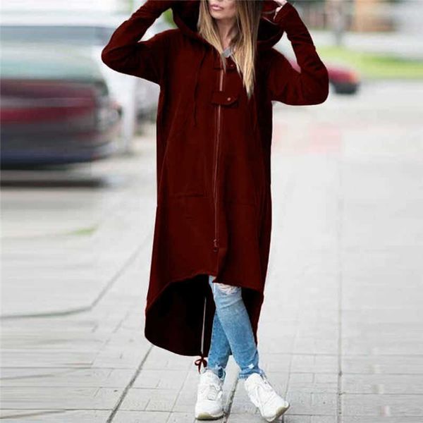 Moda-primavera stile lungo da donna Cappotto con cerniera Felpa con cappuccio Giacca con cerniera Top Manica in velluto a coste Personalità Street