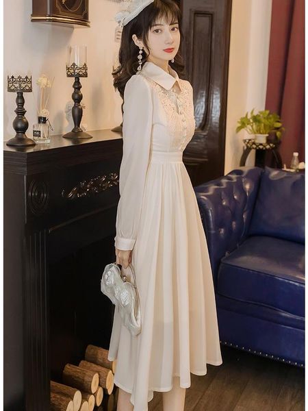 

casual dresses french style women dress 2021 autumn elegant lady super fairy slim waist chiffon soft girl long sleeve embroidery, Black;gray