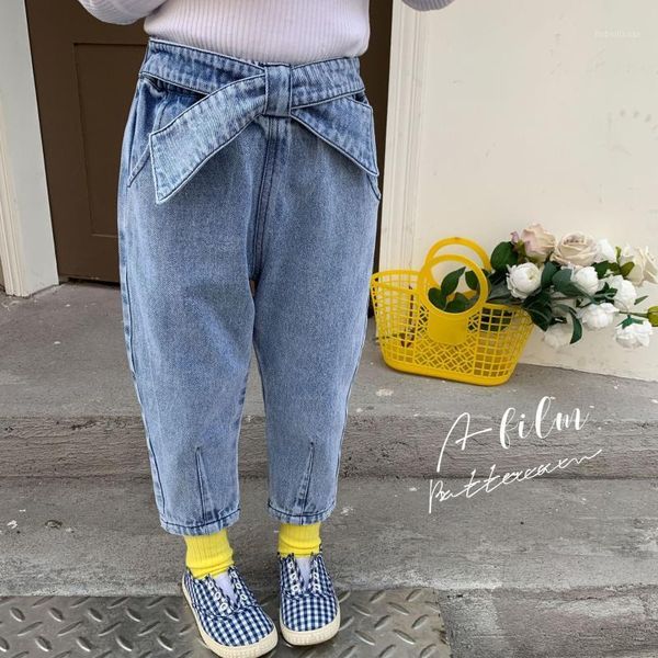 

children wear girls spring jeans 2021 bow pants kids casual trousers1, Blue