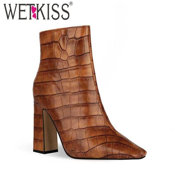 

boots wetkiss fashion ladies ankle embossed pu square toe booties women thick high heels shoes woman winter boot female big size, Black