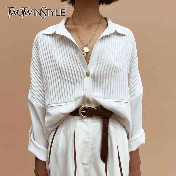 

white casual blouse for women lapel long sleeve patchwork solid shirt female fashionable new clothing spring style 210428