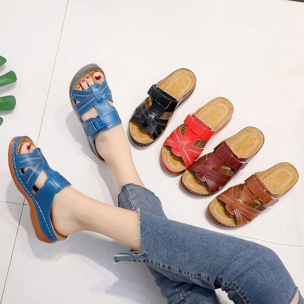 

europe 2021 summer women slippers wedges slides for solid casual fashion retro shoes plus 43 platform slipper ladies, Black