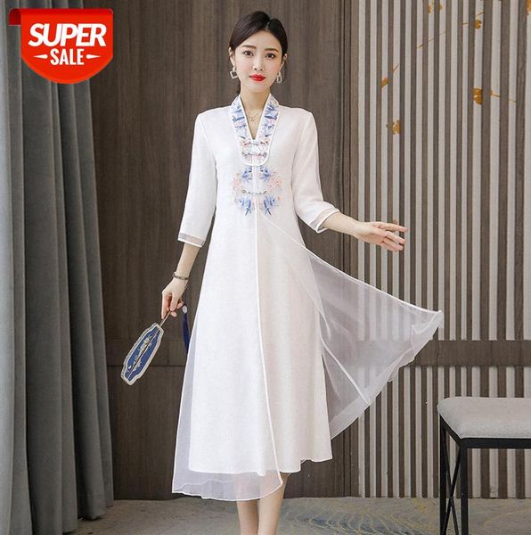 

improved hanfu chinese style spring women's cheongsam ethnic tea dress zen retro embroidered #v95y, Black