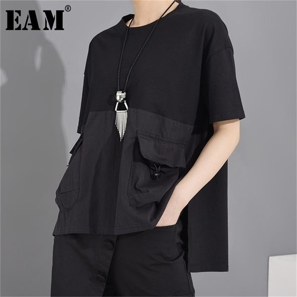 

[eam] women black pocket irregular split big size t-shirt round neck short sleeve fashion spring summer 1t70601 210722, White