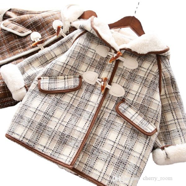 

winter baby girls plaid velvet horn buckle hooded plaid coat children clothing kids checked casual long sleeve trench coats fashion outwear, Blue;gray