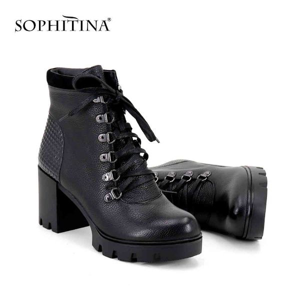 

sophitina solid women's boots cow leather fashion metal decoration shoes special design ankle boots sc317 210513, Black