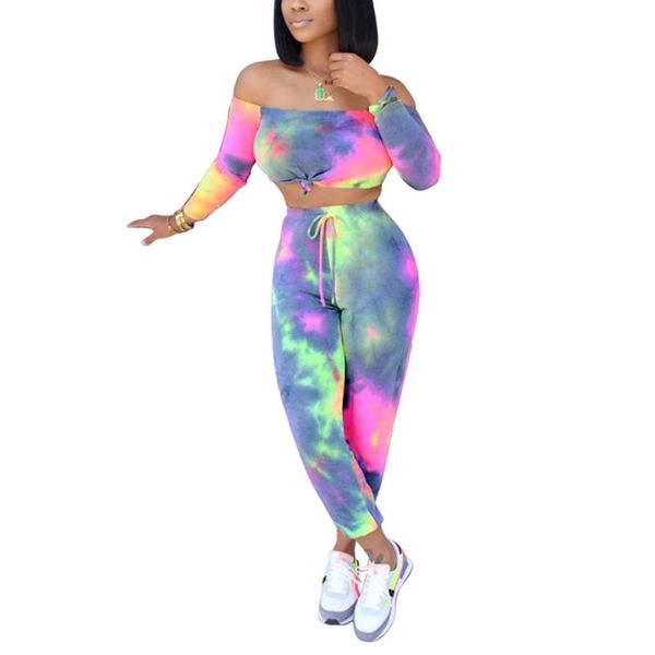 

women's tracksuits women t-shirt + trousers, color block tie dyeing process off shoulder long sleeve spring home clothing, Gray