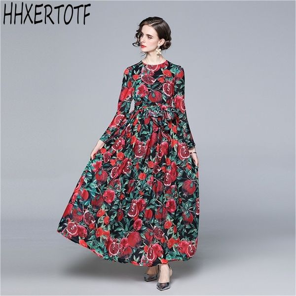 

spring runway floral print dresse o neck long sleeve high waist a line slim long chiffon 210531, Black;gray