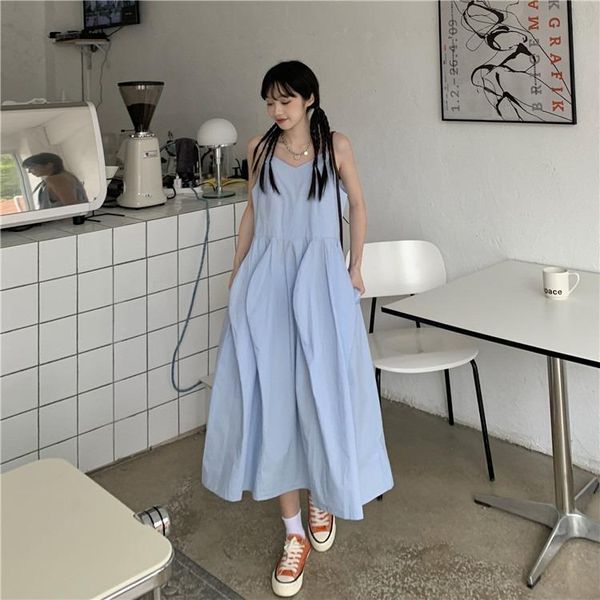 

casual dresses 2021 summer design sweet solid spaghetti strap o-neck mid-calf a line for women, Black;gray