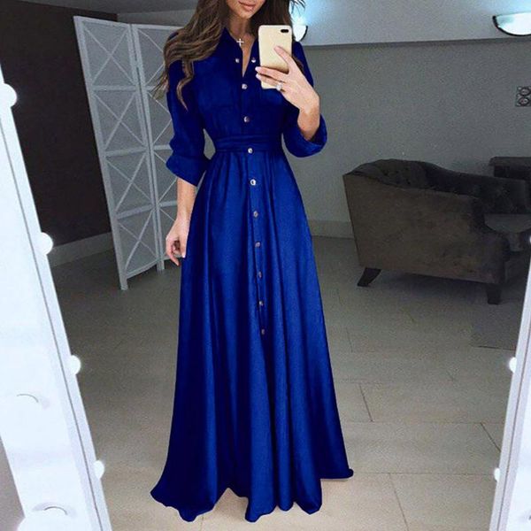 

casual dresses autumn winter fashion women's solid color long-sleeved shirt dress elegant slim button lapel maxi party robe, Black;gray